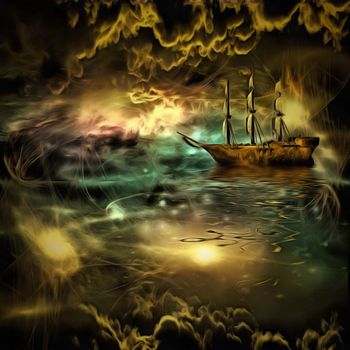 Surreal painting. Ancient ship floats in vivid clouds.