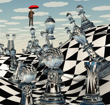 Surreal Chess Landscape and hovering man with red umbrella