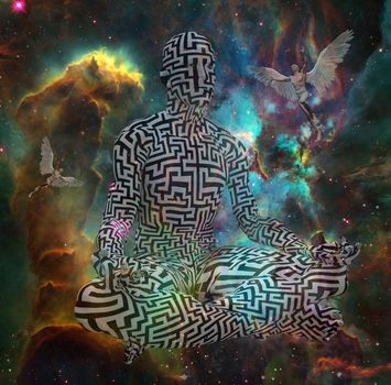 Surrealism. Figure of man with maze pattern in lotus pose in flames. Naked men with wings represents angels. 3D rendering. Some elements provided courtesy of NASA.