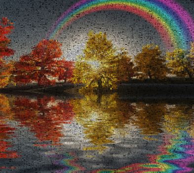 Sunset. Autumn. Rainbow above water. Image composed entirely of words