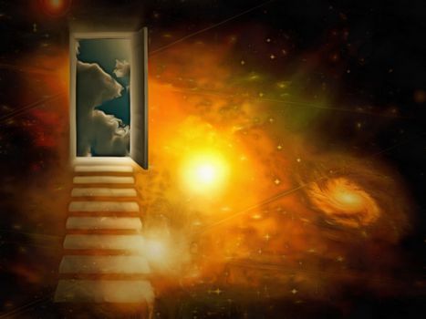 Surreal painting. Open door to another world.