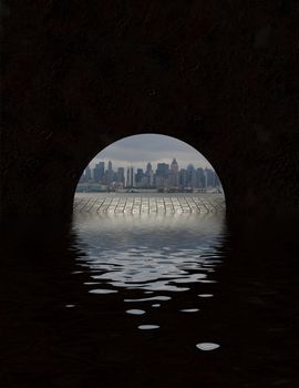 City seen from tunnel opening