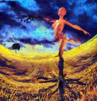 Surreal painting. Figure of a naked woman in dance pose rooted to the ground, one of her hand like a tree branch.
