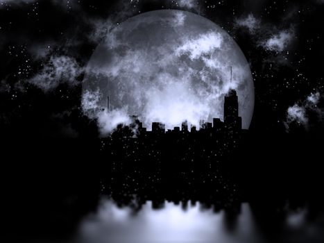 3D rendering. Full moon over night city.