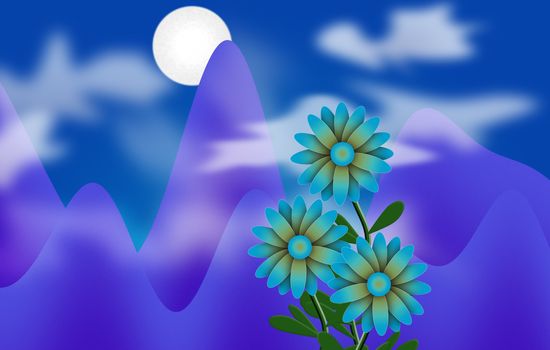 Cartoonish illustration. Daisies and Sun in cloudy sky, purple mountains