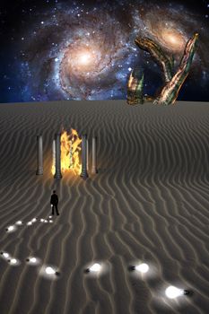 Trail of Idea bulbs in desert and fire in temple