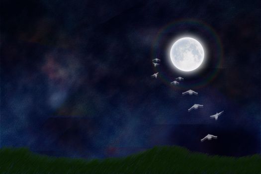 Surrealism and symbolism. Birds flies to the moon as a souls. 3D rendering