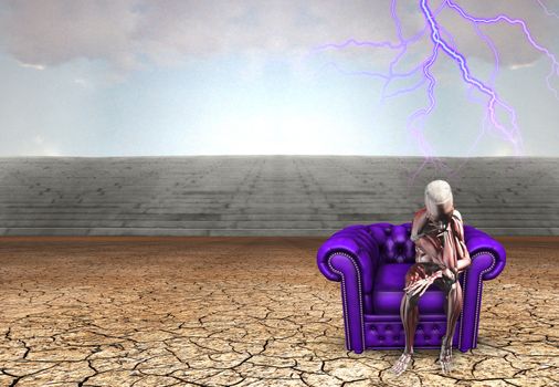 Body sits on purple armchair in arid land