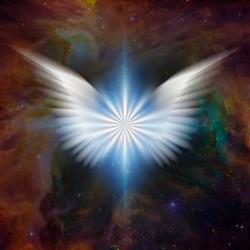 Surreal digital art. Bright star with white angel's wings in vivid colorful universe.