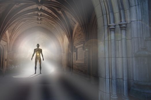 Human silhouette with universe inside stands in gothic archway with light illuminating the path.