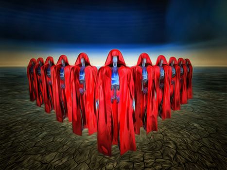 Surrealism. Army of androids in red cloaks.