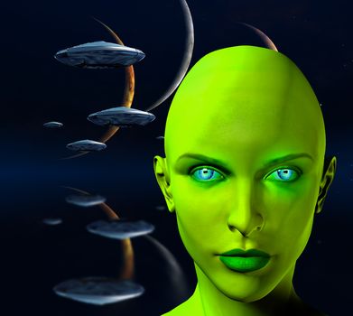 The face of female alien. Three moons and spaceships in blue deep space.