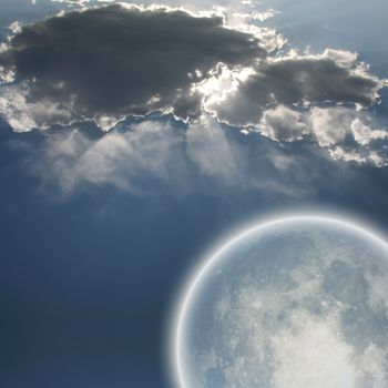 Sunbeams through clouds and bright moon. 3D rendering. Some elements credit NASA.