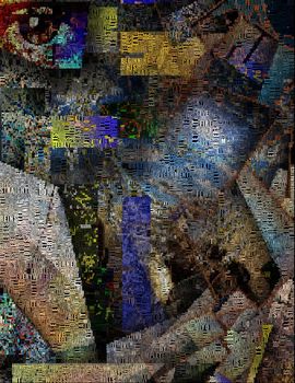 Complex surreal painting. Eye,galaxy, geometric elements. Image composed entirely of words