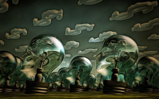 Surreal painting. Field of light bulbs.