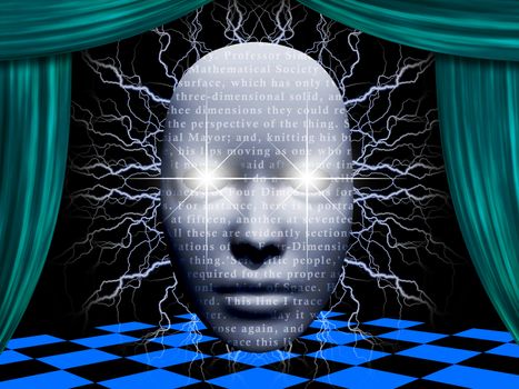 Surreal face with text and lightnings. Stage curtains