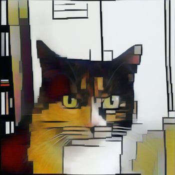 Modern art. Cat with serious look. Pattern in mondrian style.