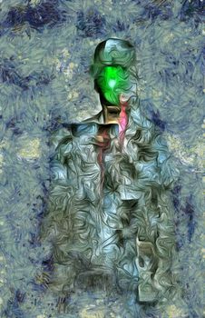 Surreal painting. Man in suit and bowler hat with green apple instead of his face. Magritte style. 3D rendering.