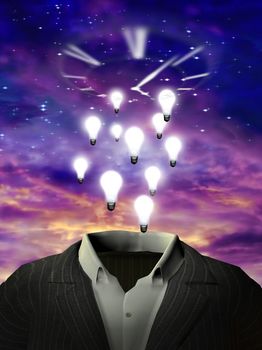 Surrealism. Light bulbs hovers over suit. Clock face in the purple sky. 3D rendering.
