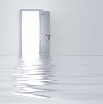 Doorway in flooded white room. 3D rendering.