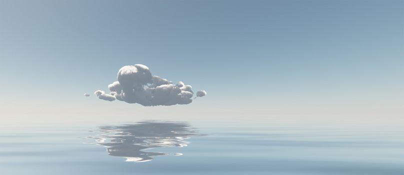 Surreal digital art. Lonely cloud above quiet water surface.