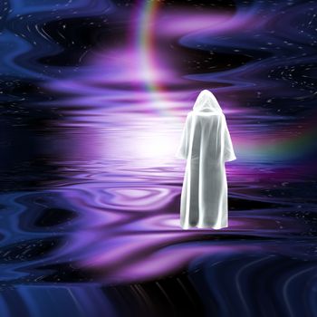 Surrealism. Figure in white cloak stands on purple water surface. 