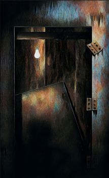 Surreal painting. Broken door, light bulb. 3D rendering.