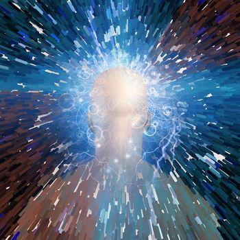 Surreal digital art. Mans head with stars, lightnings and clouds. 3D rendering.