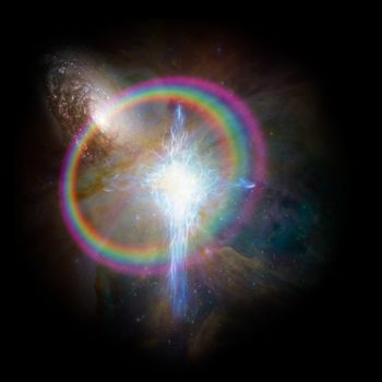Surreal digital art. Shining energy in shape of cross in universe. Galaxy and rainbow.