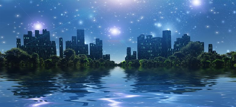 Surreal digital art. City surrounded by green trees in water world. Bright stars in the sky. 3D rendering