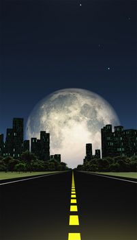 Surreal digital art. Highway leads to the city. Giant moon at the horizon.