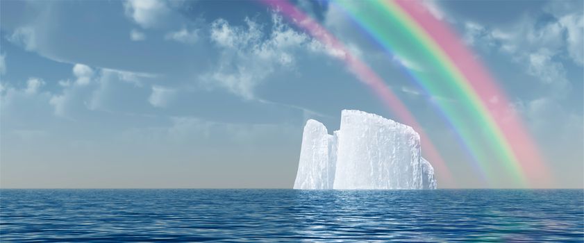 Surreal digital art. Big iceberg floats in quiet ocean. Rainbow in the cloudy sky. 3D rendering.