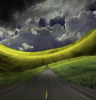 Abstract digital painting. Asphalt road in green field.