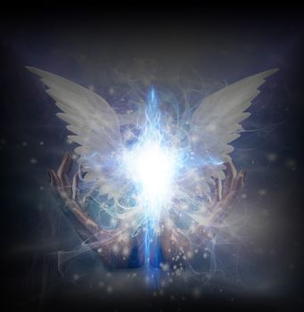 Surreal digital art. Bright star with white angel's wings. Hands of creator. Energy in shape of cross.