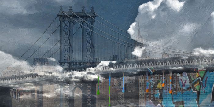 Surreal digital art. Manhattan bridge on New York's cityscape. Giant moon, pieces of graffiti.