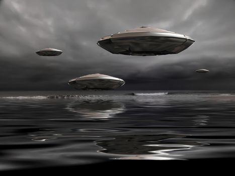 Flying saucers over the ocean. Sepia.