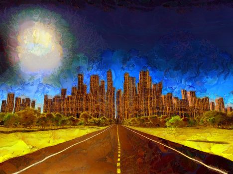 Surreal painting. Road leads to futuristic city. 3D rendering.