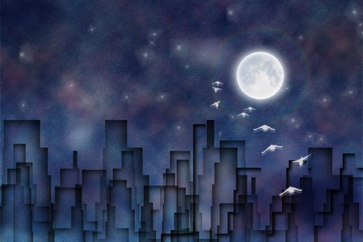 Night city silhouettes. 3D rendering