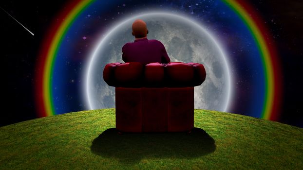 Surreal composition. Man sits in red armchair and observs moon and rainbow in vivid sky. 3D rendering.