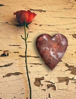 Surrealism. Red rose and rusted heart. 3D rendering.