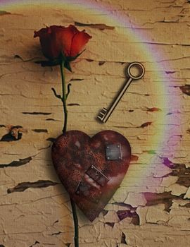 Surrealism. Red rose and rusted heart with metal patches. Golden key. 3D rendering.