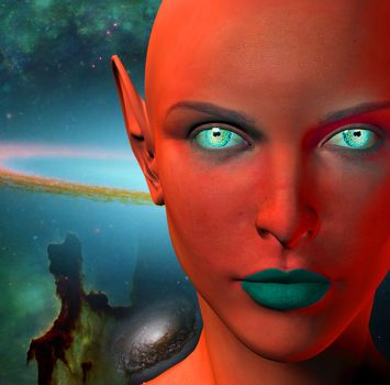 The face of female alien. Colorful universe on a background.