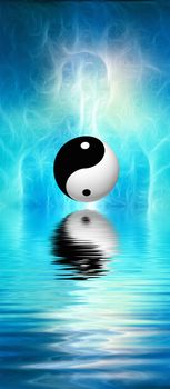 Surreal digital art. Human's silhouette with shining energy and Yin-Yang sign reflected in the water. 3D rendering.
