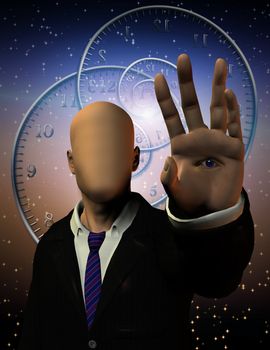 Faceless man with eye on palm. Spirals of time. 3D rendering
