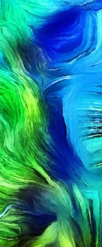 Fluid lines of color movement. Green is a main color. Oil painting. 3D rendering.