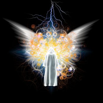 Surreal digital art. Figure in white cloak stands before bright light with angel's wings. 3D rendering.