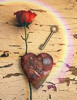 Surrealism. Red rose and rusted heart with metal patches. Golden key. 3D rendering.