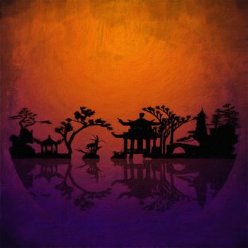 Asia Landscape Silhouettes. 3D rendering