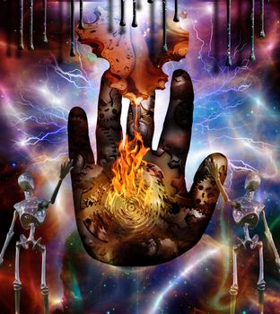 Surrealism. Human's palm with gears and flame in colorful universe. Figures of robots stands nearby. Melted clock in Dali style.