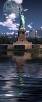 Terraformed moon above Manhattan. Liberty statue.
